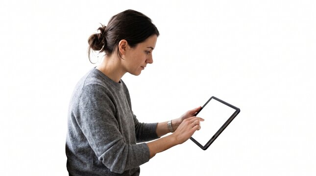 Focused woman with dark hair in a bun wearing a grey sweater uses a tablet computer on a white background