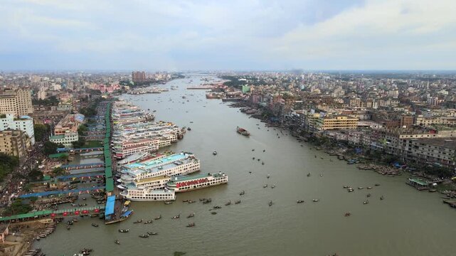 Aerial Drone View of Sadarghat Launch Terminal on the Buriganga River in Dhaka, Bangladesh