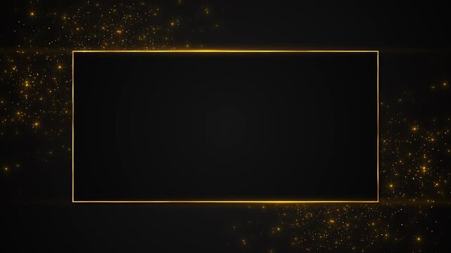 Glowing gold rectangular border floats on a deep black background sparkling particles scattered at opposite corners. luxury intros, title cards, premium slides, event promos, and elegant