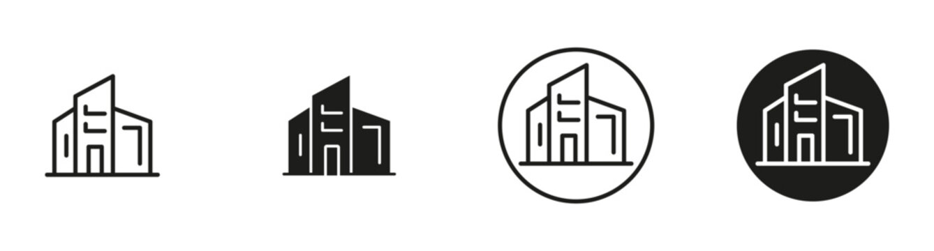 Office building icon set. Outline commercial building, corporate office, and business property symbols representing business locations, workplaces, company headquarters, and commercial real estate.