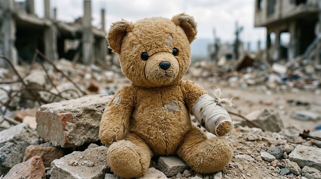 Wounded teddy bear toy sitting on debris in ruined city. Symbol of lost childhood and trauma during conflict. Humanitarian crisis and consequences of military aggression on civilians.