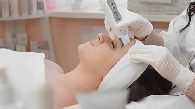 Close up shows cosmetologist performing facial procedure with specialized equipment on woman in spa setting. Atmosphere emphasizes wellness, rejuvenation, modern beauty technology