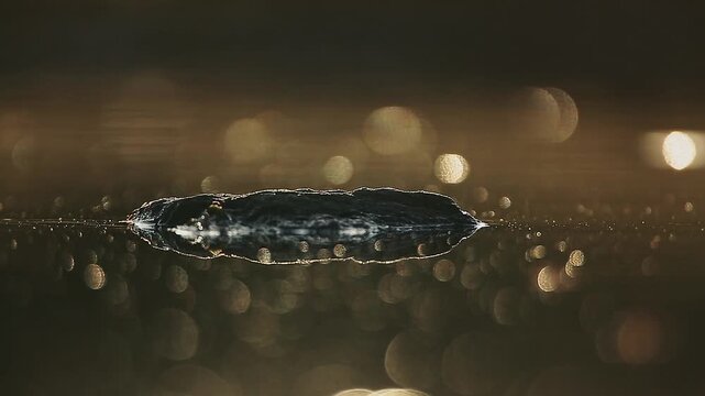Dragonfly backlit flying at dawn on a rock in middle of water with reflection in Greater Kruger National park, South Africa