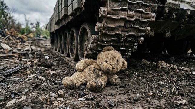 Dirty teddy bear toy lying on ground under metal caterpillar track of abandoned army tank. Concept of childhood lost in conflict zone. Devastation and tragedy during global war.