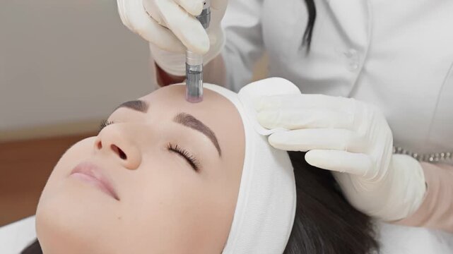 Closeup of cosmetologist performing microneedling procedure on female client's forehead in a clean spa environment. Advanced facial therapy promotes collagen production and smooth, radiant skin