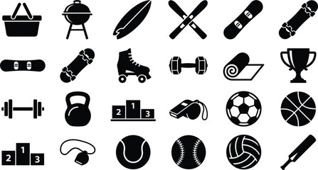 Outdoor Sports Fitness and Active Recreation Glyph Icon Set with Basketball, Soccer, Skateboard, Dumbbell, Trophy, and Board Sport Symbols for Athletic Layouts © shahariar