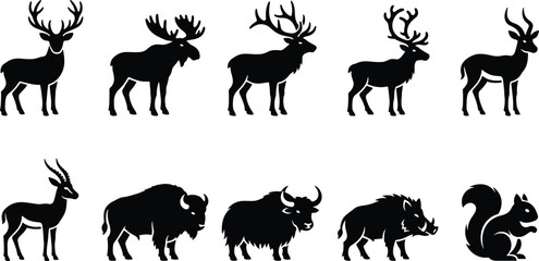 Obraz premium Forest Wildlife and Wild Mammals Black Silhouette Icon Set with Deer, Moose, Antelope, Bison, Yak, Wild Boar, and Squirrel Symbols for Hunting Designs