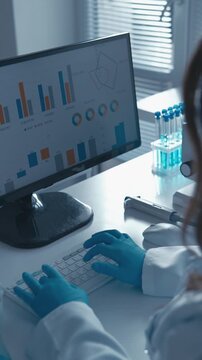 A researcher works with digital analytics and laboratory tools, focusing on scientific innovation and data driven discoveries. The scene highlights technology, research, and laboratory safety