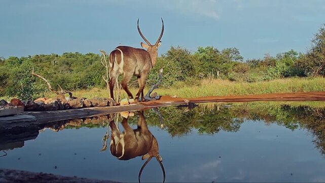Common Waterbuck horned male walking along waterhole with reflection in Greater Kruger National park, South Africa ; Specie Kobus ellipsiprymnus family of Bovidae