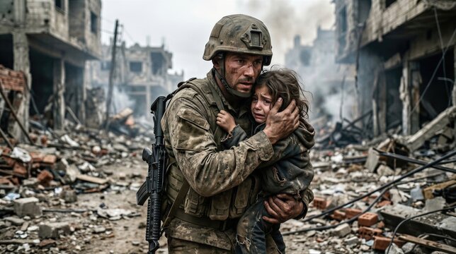 Soldier carrying crying girl through ruins of destroyed city. Military man rescuing child from battlefield after bombing. Humanitarian aid in conflict zone and impact of war on youth.