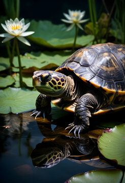 Freshwater turtle with patterned shell and claws standing in water with lily pads and white water lilies