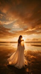 Novia en la playa al atardecer: Un momento romántico y mágico. Vestido de novia ondeando en el viento en la playa al atardecer.