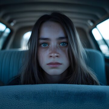 Retrato melanc&oacute;lico de mujer joven con ojos azules en el interior de un coche