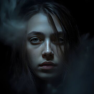 Retrato dram&aacute;tico de mujer joven entre sombras y humo tenue con mirada introspectiva