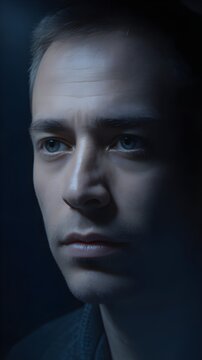 Primer plano dram&aacute;tico de hombre joven con ojos claros y expresi&oacute;n seria en la penumbra