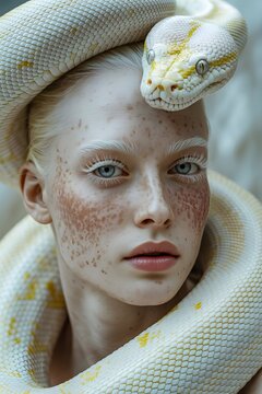 Retrato conceptual de mujer albina con pecas y serpiente pit&oacute;n albina enrollada en su cabeza