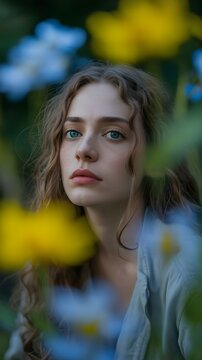 Retrato de mujer joven de pelo ondulado entre flores amarillas y azules en un jard&iacute;n
