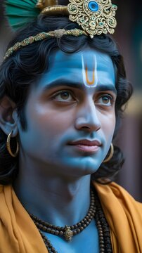 Retrato del dios hind&uacute; Krishna con piel azul, corona tradicional y tilak en la frente