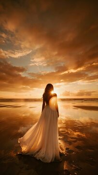 Novia en la playa al atardecer: Un momento rom&aacute;ntico y m&aacute;gico. Vestido de novia ondeando en el viento en la playa al atardecer.