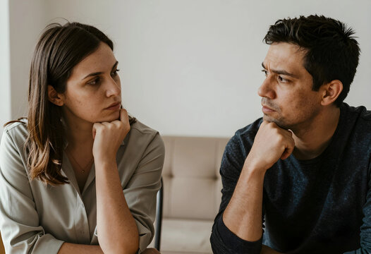 Serious couple looking away from each other, relationship problems and communication breakdown concept, emotional distance