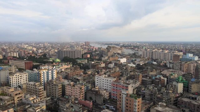 Aerial Drone View of Old Dhaka Cityscape Beside the Buriganga River, Bangladesh