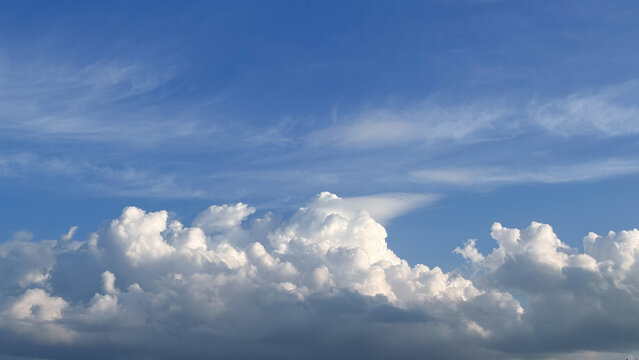 Blue Sky with Fluffy White Cumulus and Wispy Cirrus Clouds