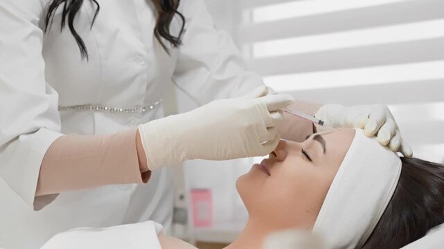 Aesthetic medicine specialist carefully administers an injection to a woman's face, focusing on precision and safety. The serene clinic environment emphasizes advanced skincare and rejuvenation