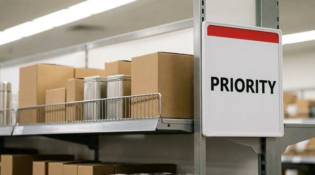 Golden-zone shelf reflecting soft overhead lighting beside a fast-mover priority sign &ndash; stock photo for warehouse and logistics management concept