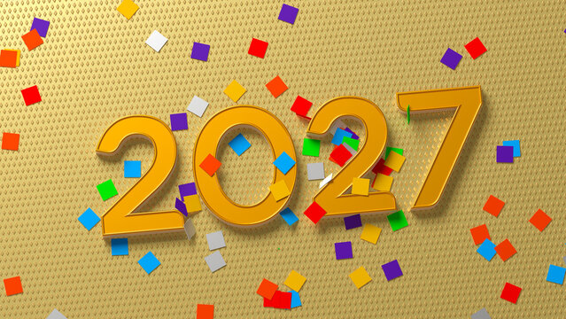 Chiffres 3D dor&eacute;s 2027 avec confettis color&eacute;s sur fond dor&eacute;, concept Bonne Ann&eacute;e et nouvel an