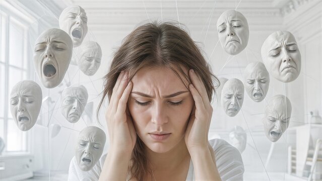 Woman experiencing emotional distress and mood instability. Concept of Borderline Personality Disorder with multiple floating theatrical masks representing conflicting psychological states.