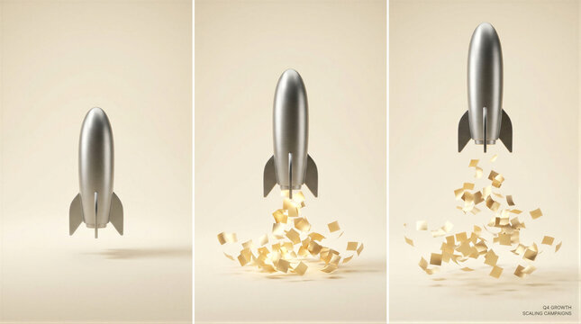 Silver rocket launching with gold paper confetti trail. Business growth concept showing acceleration and success. Start up innovation and corporate strategy development in competitive market