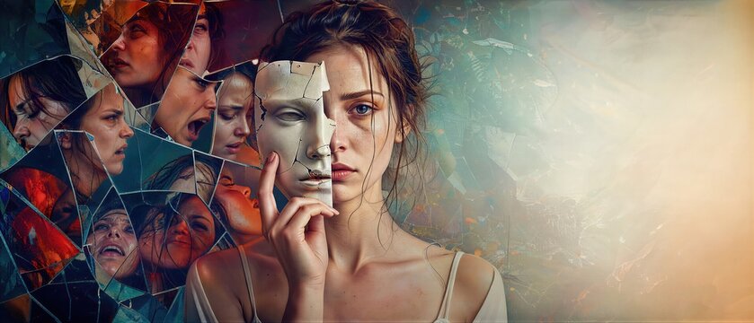 Woman holding a broken mask in front of her face with a reflection of multiple emotional states in shattered glass. Banner with copy space