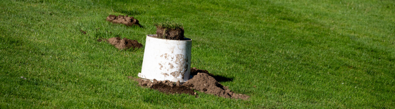 Groundskeeping and landscaping maintenance, mole pest problem with dirt piles in lush green lawn, rodent trap under upside down white bucket, sunny summer day

