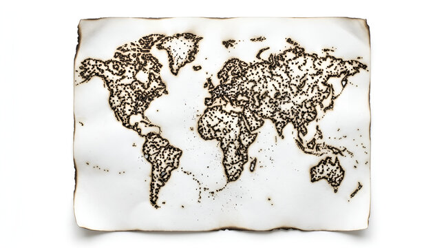 World map burned into rough textured paper surface with geography continent exploration parchment cartography discovery background historic adventure nautical navigation paperwork