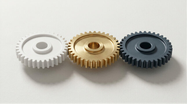 Three gears of different material aligned in a row. Metal and plastic cogwheels on white background. Industrial component representing teamwork, strategy, engineering and business solution