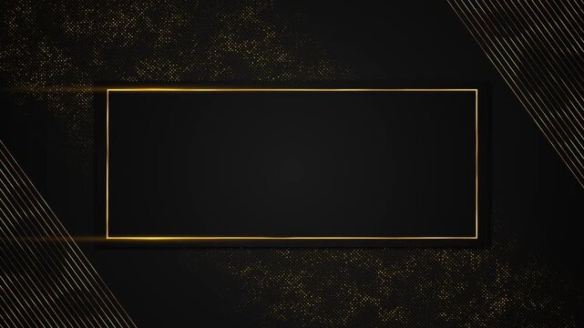 A glowing gold rectangular banner sits on a black background with dotted textures diagonal accents. lower thirds, text holders, title cards, business promos, luxury themed video templates.