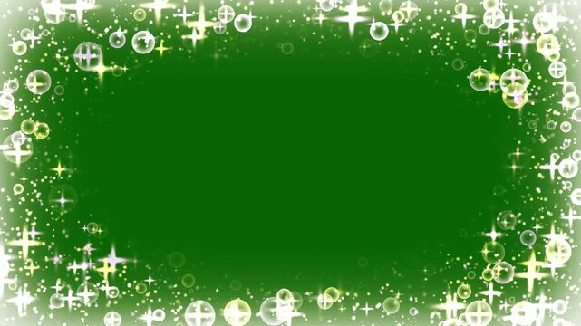 Colorful elegant bokeh light border with shimmering glowing particles on green background, seamless festive frame animation for premium title reveal, Elegant luminous circle decoration creating. 4k