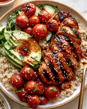 Healthy Mediterranean meal with lean protein and fresh vegetables, promoting balanced nutrition and sustainable weight loss.