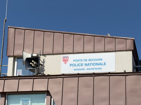 National French Police outpost police station at Calais beach. 