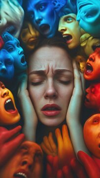 Woman suffering from schizophrenia, surrounded by multiple colorful shouting faces. Mental health struggle, psychosis symptom and psychological stress. Concept of internal conflict or mania.