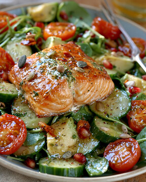 Fresh salmon salad packed with healthy fats and vegetables, ideal for nutritious weight loss meals.