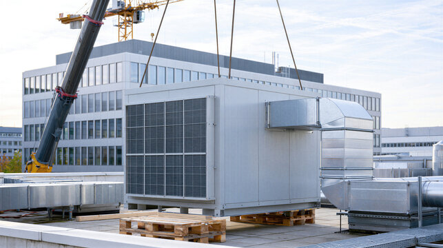 HVAC installation. Crane lifts a rooftop air handling unit into position for commercial building ventilation, supporting HVAC installation, mechanical construction and climate control.