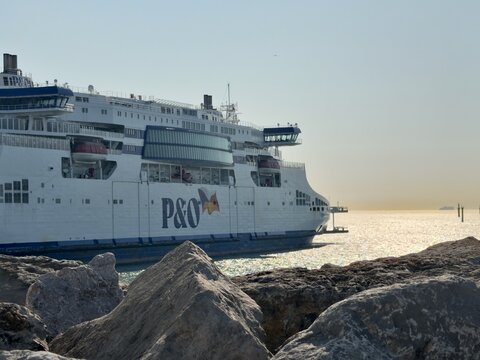 Ferry docked at Calais awaiting departure to Calais during the summer peak vacation season. 