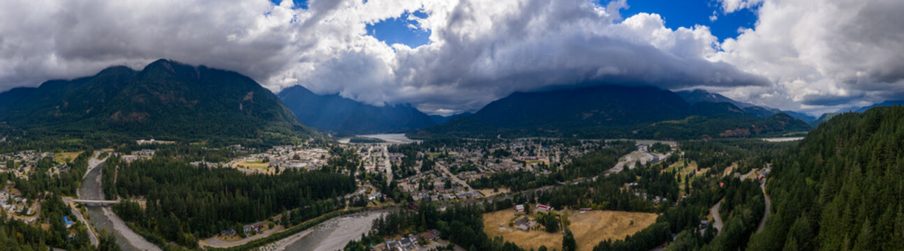 Aerial Panorama of Hope Valley Town Nestled Between Mountains and Rivers in British Columbia, Canada