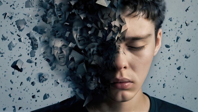 Man with schizophrenia experiencing mental breakdown. Chaotic faces emerging from shattered head. Psychological disorder, complex personality, internal conflict and fractured mind concept.