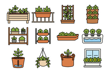 Container and Small Space Gardening flat illustration set for landscaping. Garden planters color icon pack for home decor. Decorative plant pots element designs for home gardening © salzcreative