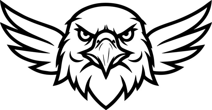 Fierce eagle head with wings mascot vector illustration, black and white outline bird logo and sport emblem design