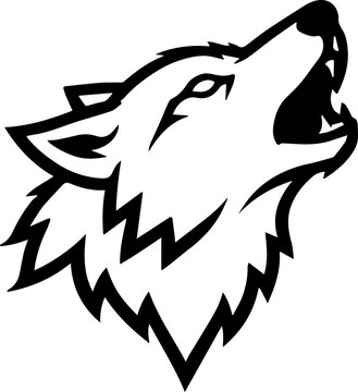 Howling wolf head mascot vector illustration, black and white outline wild animal logo and sport emblem design