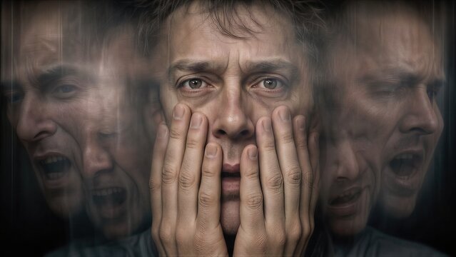 Man with schizophrenia showing multiple personality or mental disorder. Confused guy with split identity, dissociative state and psychological crisis. Medical concept of cognitive struggle.