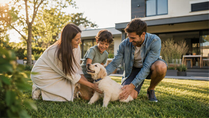 Fototapeta premium A happy family with a young son is lovingly petting their golden retriever puppy on the green grass in their sunny backyard